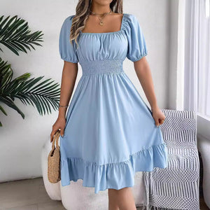 Square collar short sleeve waist ruffled A - line dress - Negative Apparel