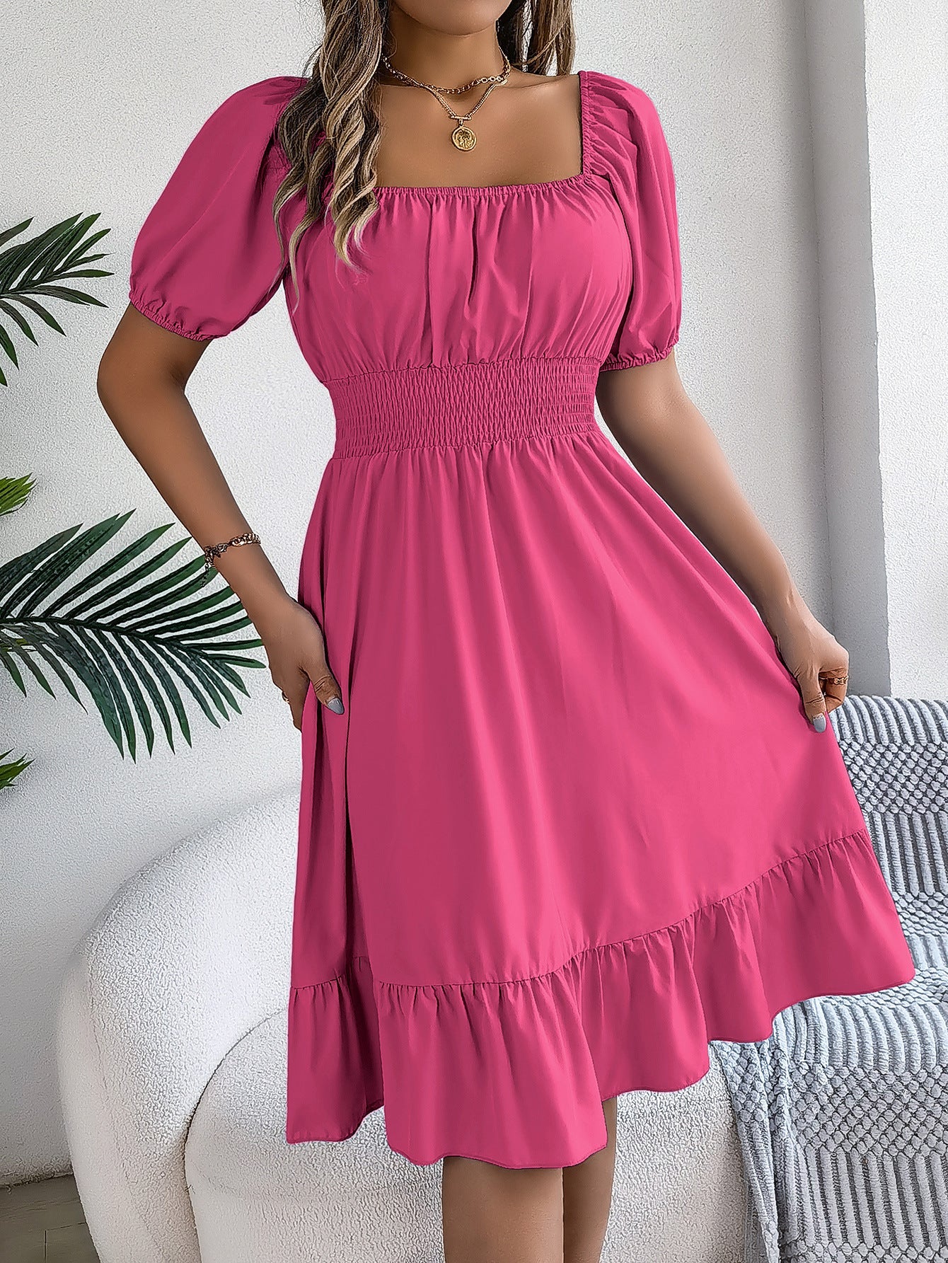 Square collar short sleeve waist ruffled A - line dress - Negative Apparel