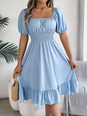 Square collar short sleeve waist ruffled A - line dress - Negative Apparel