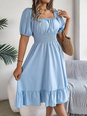 Square collar short sleeve waist ruffled A - line dress - Negative Apparel