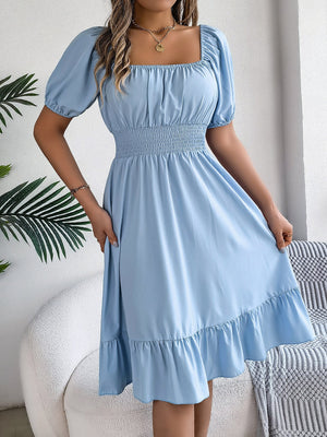 Square collar short sleeve waist ruffled A - line dress - Negative Apparel