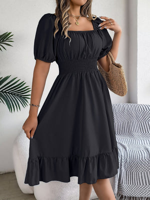 Square collar short sleeve waist ruffled A - line dress - Negative Apparel