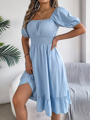 Square collar short sleeve waist ruffled A - line dress - Negative Apparel