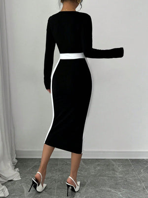 Square Neck Color Block Figure Hugging Sexy Women Dress Maxi Women Outfit - Negative Apparel