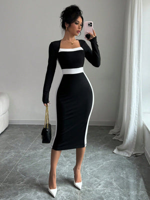 Square Neck Color Block Figure Hugging Sexy Women Dress Maxi Women Outfit - Negative Apparel