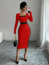 Square Neck Color Block Figure Hugging Sexy Women Dress Maxi Women Outfit - Negative Apparel