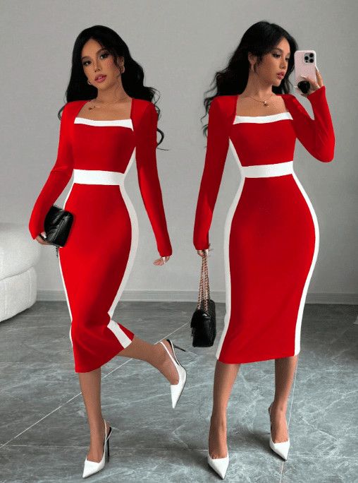 Square Neck Color Block Figure Hugging Sxy Women Dress Maxi Women Outfit - Negative Apparel