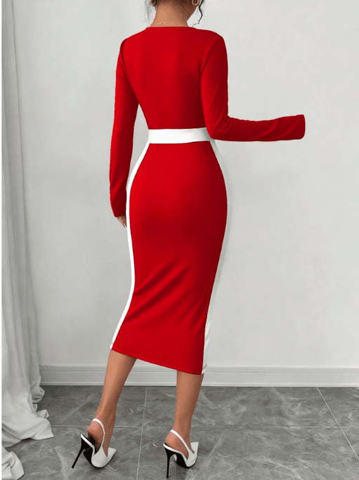 Square Neck Color Block Figure Hugging Sxy Women Dress Maxi Women Outfit - Negative Apparel