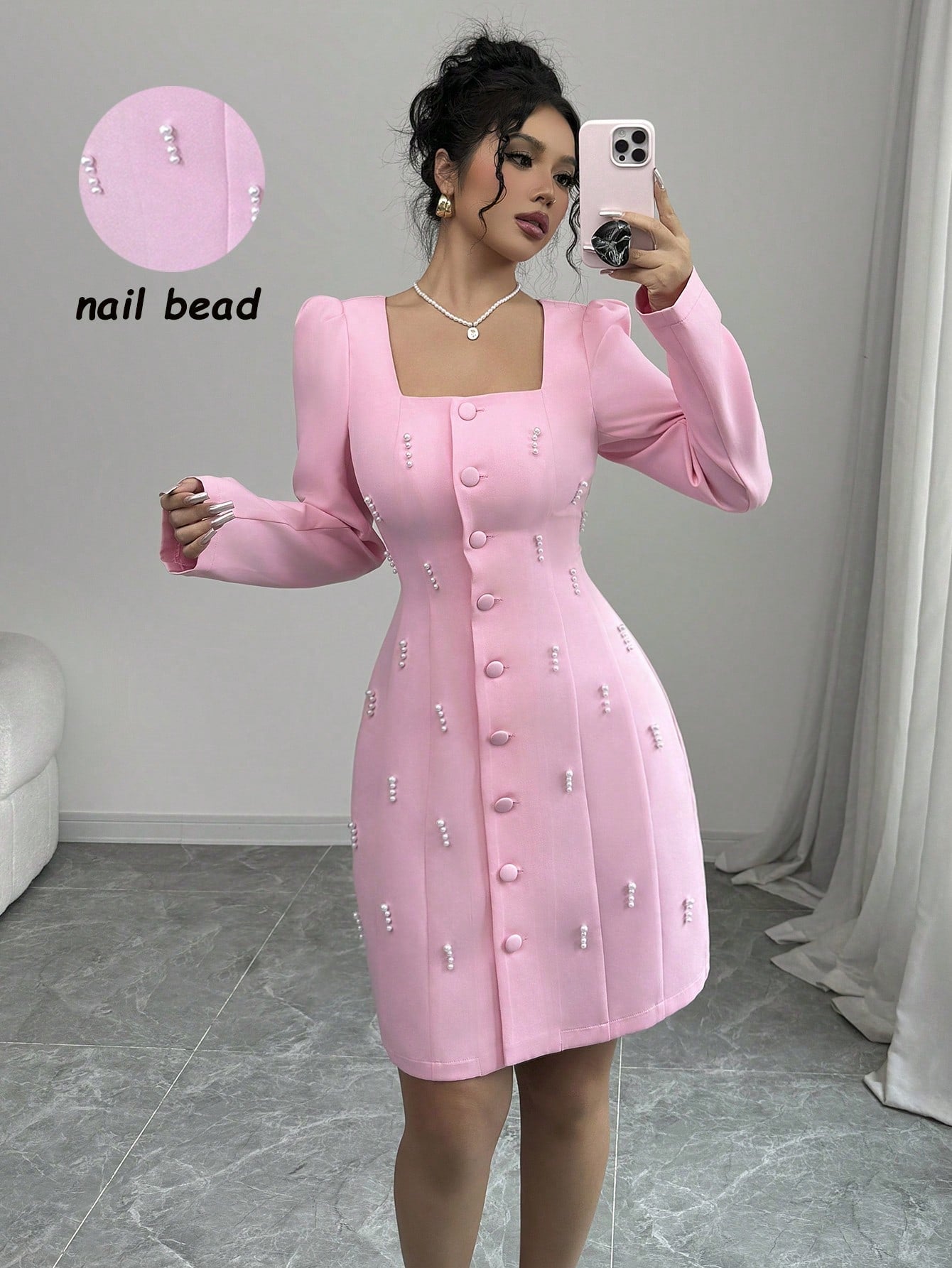 Square Neck Puff Sleeve Beading Decor Pink Dress - Negative Apparel