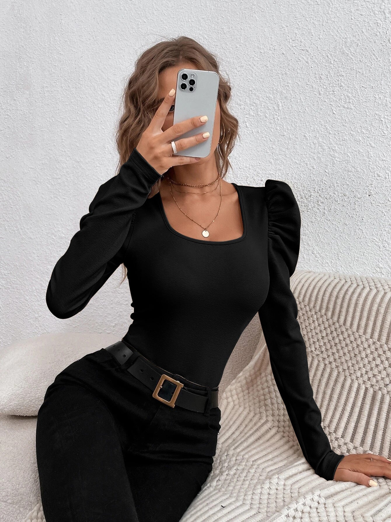 Square neck slim long sleeve knitted long sleeve T-shirt tops - Negative Apparel