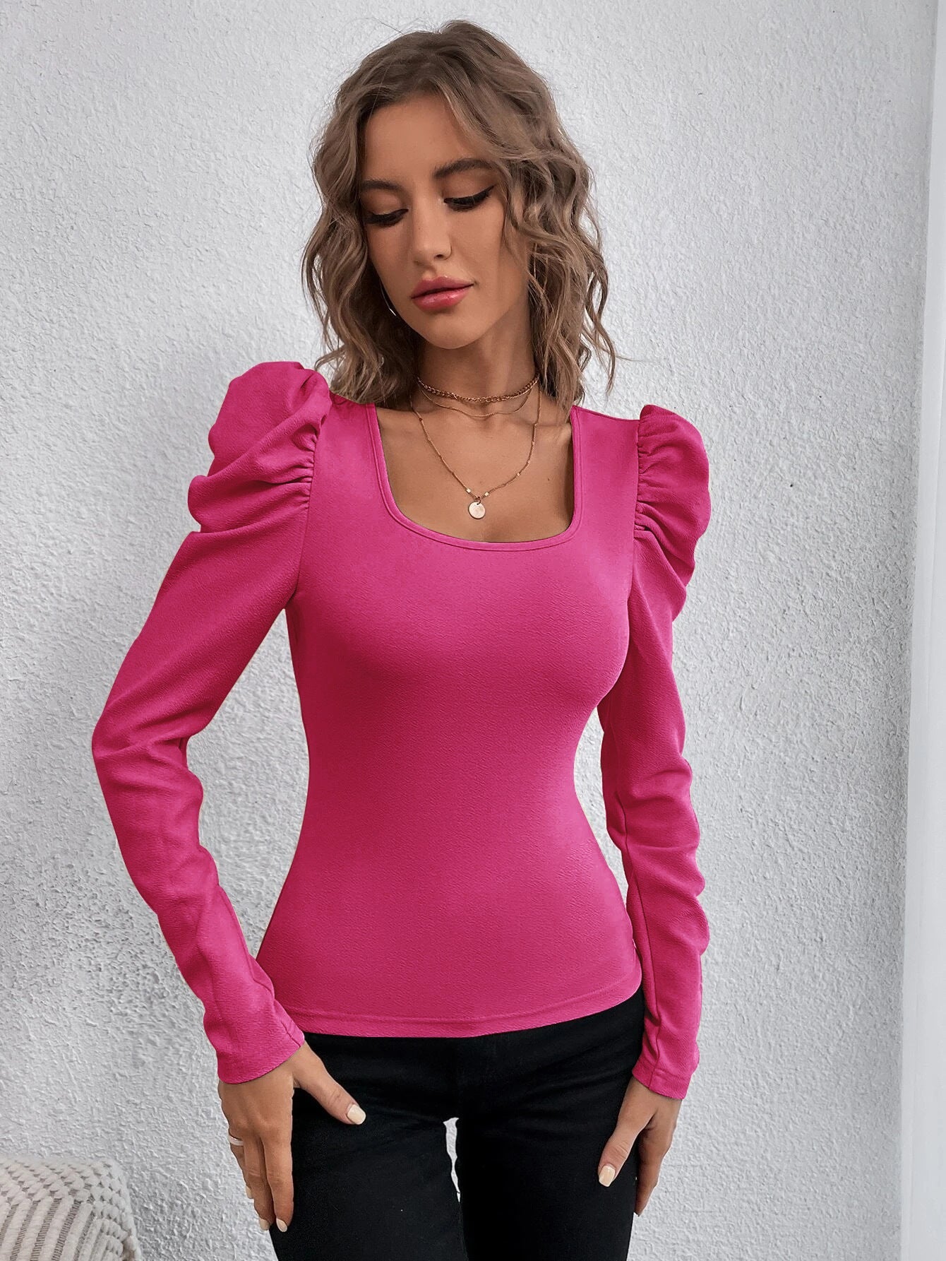 Square neck slim long sleeve knitted long sleeve T-shirt tops - Negative Apparel