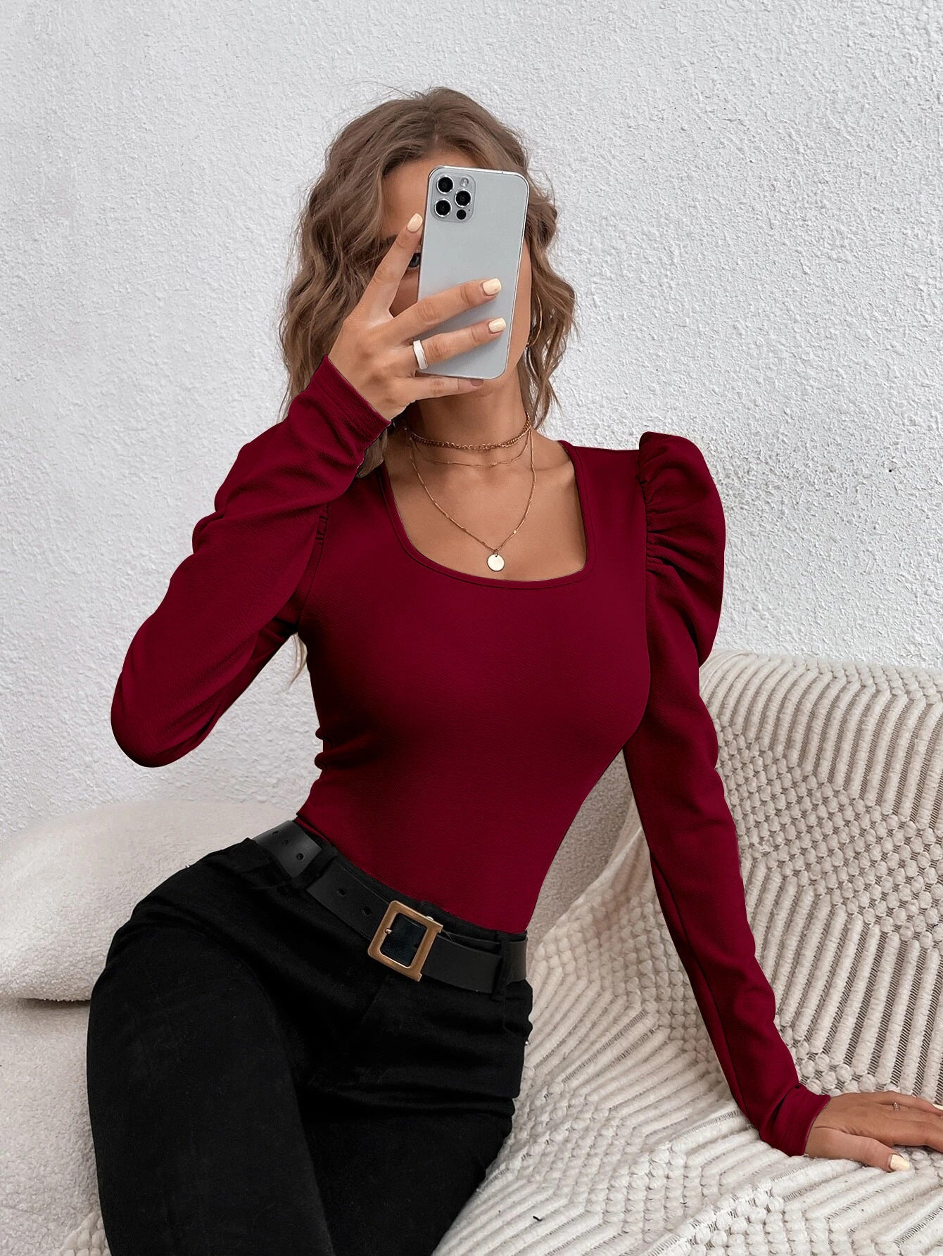 Square neck slim long sleeve knitted long sleeve T-shirt tops - Negative Apparel
