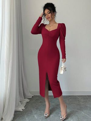 Square Neckline Puff Sleeve, Center Front Pleated, Waist Cinched Elegant Dress For Women Burgundy Maxi Women Outfit - Negative Apparel