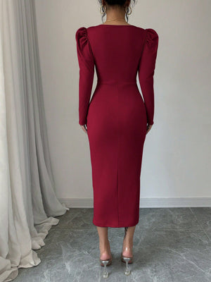 Square Neckline Puff Sleeve, Center Front Pleated, Waist Cinched Elegant Dress For Women Burgundy Maxi Women Outfit - Negative Apparel