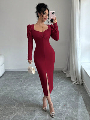 Square Neckline Puff Sleeve, Center Front Pleated, Waist Cinched Elegant Dress For Women Burgundy Maxi Women Outfit - Negative Apparel