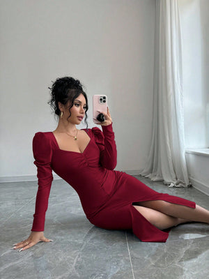 Square Neckline Puff Sleeve, Center Front Pleated, Waist Cinched Elegant Dress For Women Burgundy Maxi Women Outfit - Negative Apparel