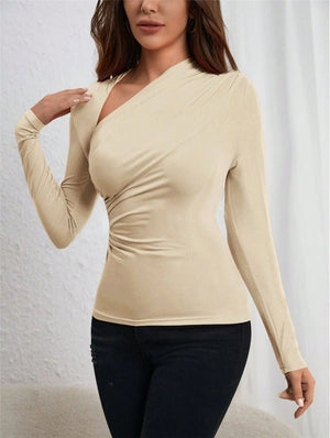 Ssymmetric neckline pleated side long - sleeved T-shirt - Negative Apparel