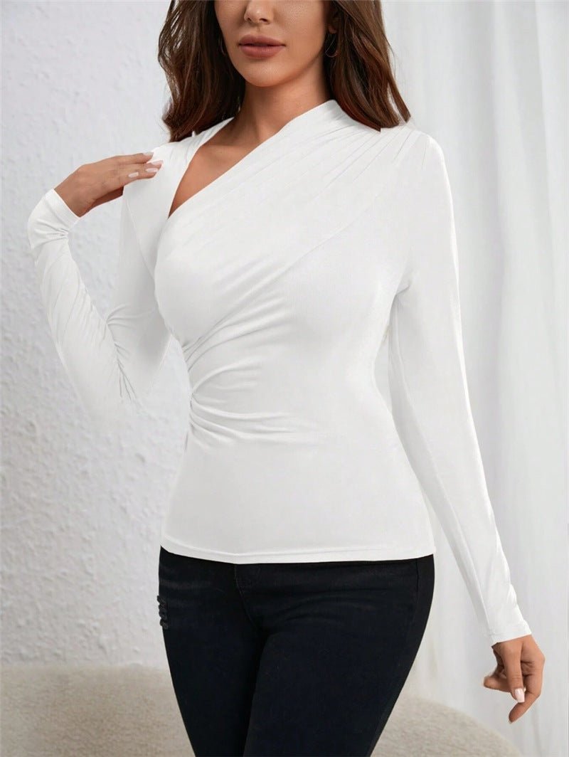 Ssymmetric neckline pleated side long - sleeved T-shirt - Negative Apparel