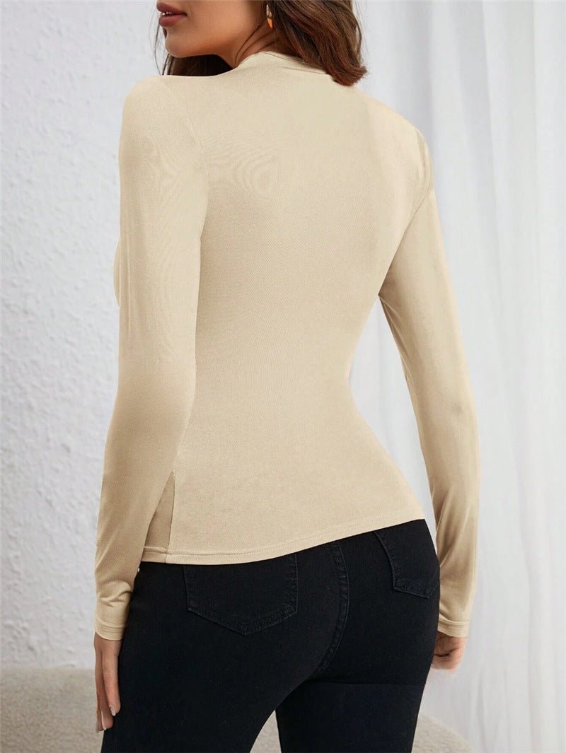 Ssymmetric neckline pleated side long - sleeved T-shirt - Negative Apparel