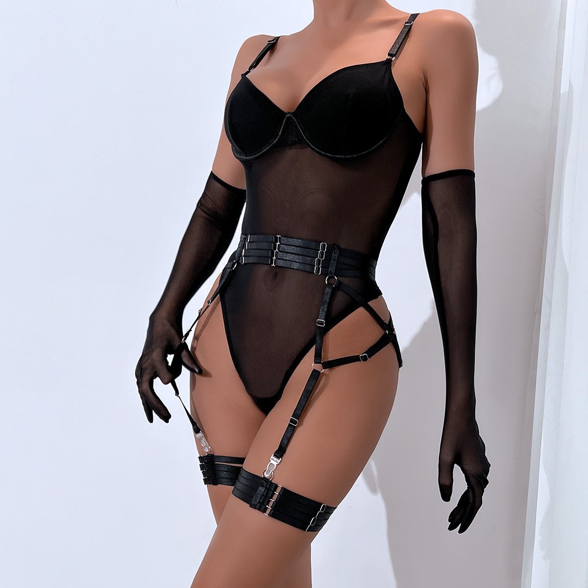 Straps stitching slim fit with gloves three - piece lingerie - Negative Apparel