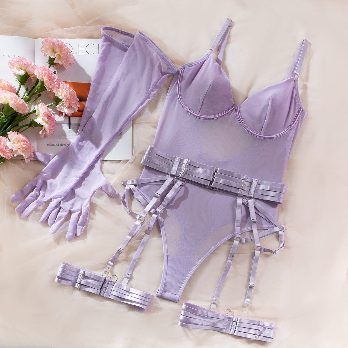 Straps stitching slim fit with gloves three - piece lingerie - Negative Apparel