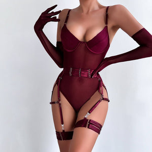 Straps stitching slim fit with gloves three - piece lingerie - Negative Apparel