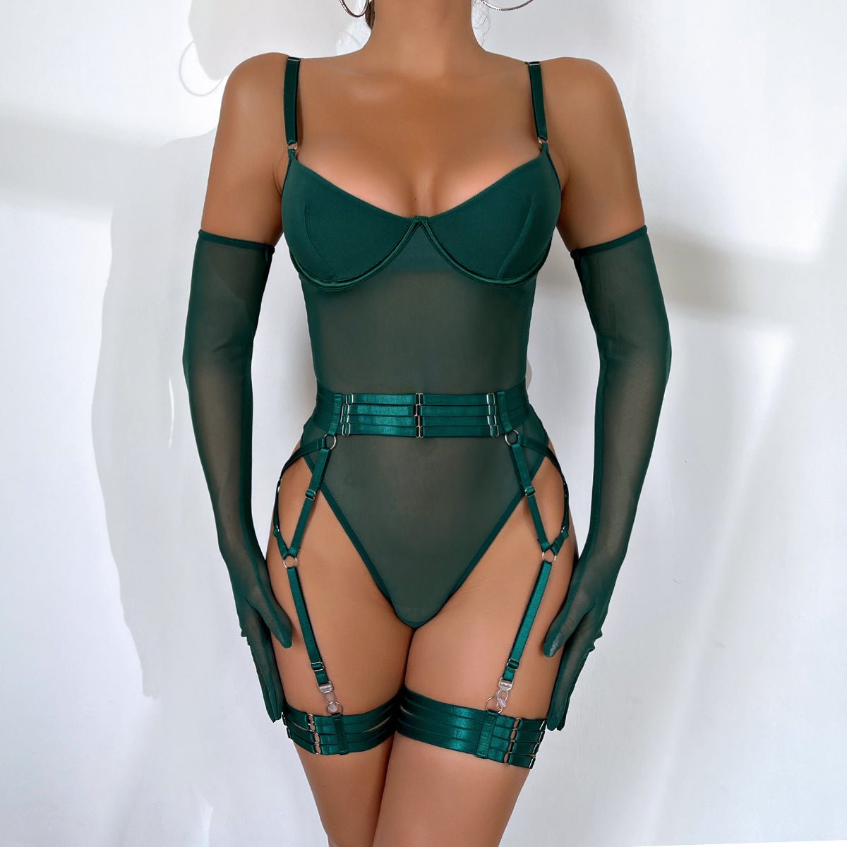 Straps stitching slim fit with gloves three - piece lingerie - Negative Apparel