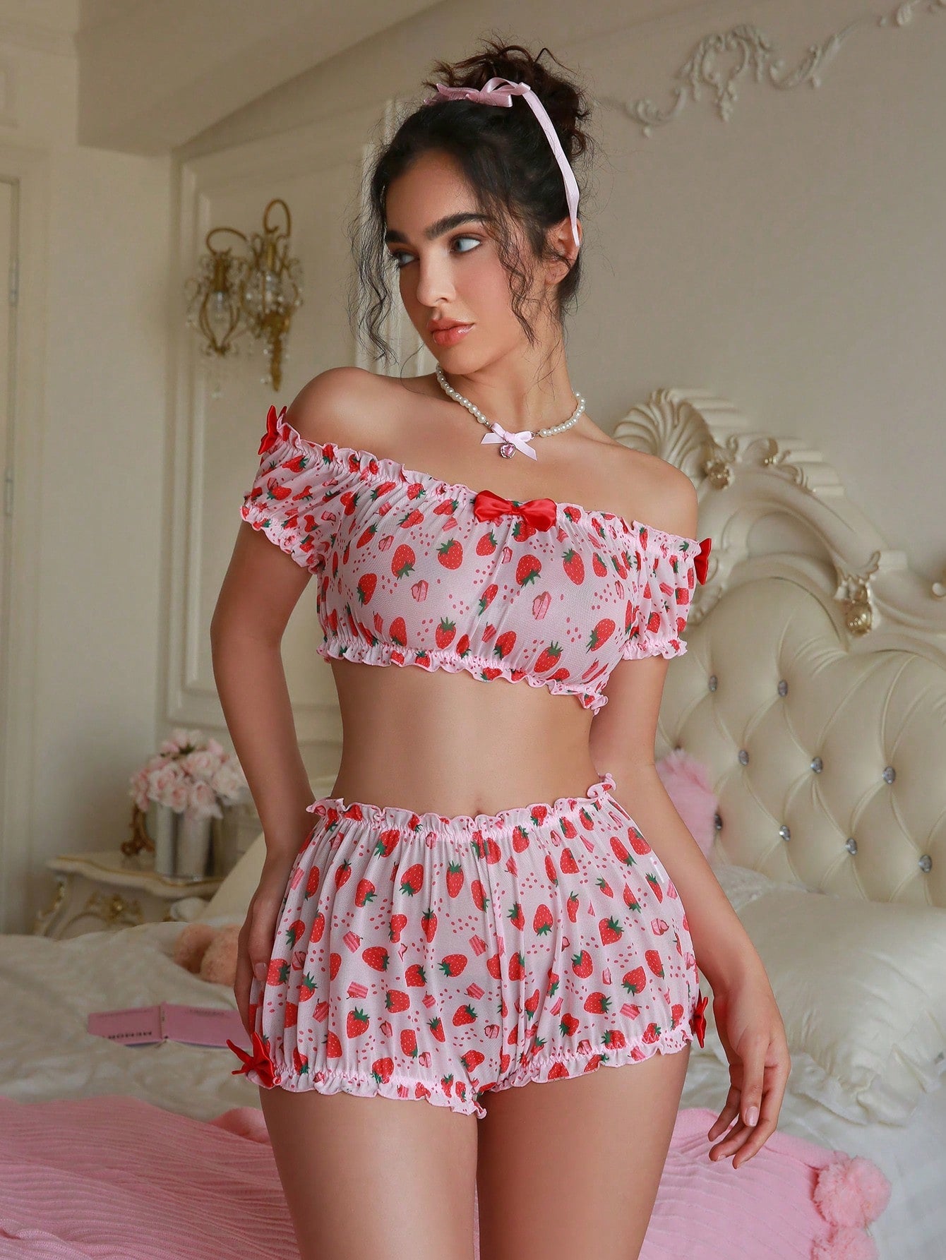 Strawberry Printed Bralette With Bow Decor & Panties, Wireless And Seamless, 2pcs - Negative Apparel