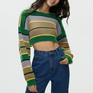 Striped contrast color loose knitted short sweater - Negative Apparel