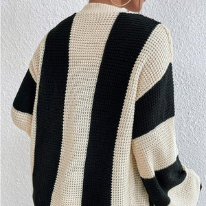 Striped contrast color trumpet sleeve knitted cardigan - Negative Apparel