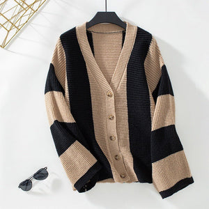 Striped contrast color trumpet sleeve knitted cardigan - Negative Apparel