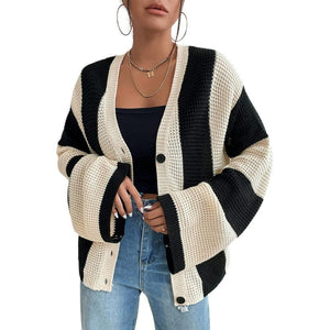 Striped contrast color trumpet sleeve knitted cardigan - Negative Apparel