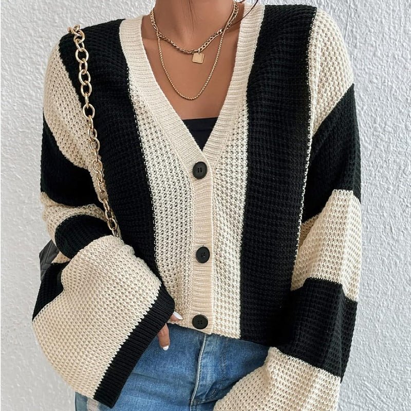 Striped contrast color trumpet sleeve knitted cardigan - Negative Apparel