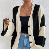 Striped contrast color trumpet sleeve knitted cardigan - Negative Apparel