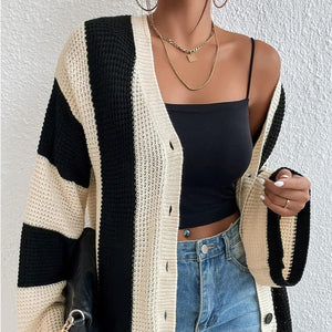 Striped contrast color trumpet sleeve knitted cardigan - Negative Apparel