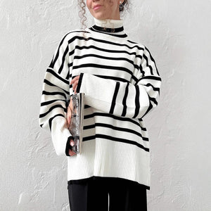 Striped High - Neck Pullover Sweater for Women | Loose Fit Korean Style Knitwear | Thick Viscose Blend Casual Top | Lazy Wind Fashion 2025 - Negative Apparel