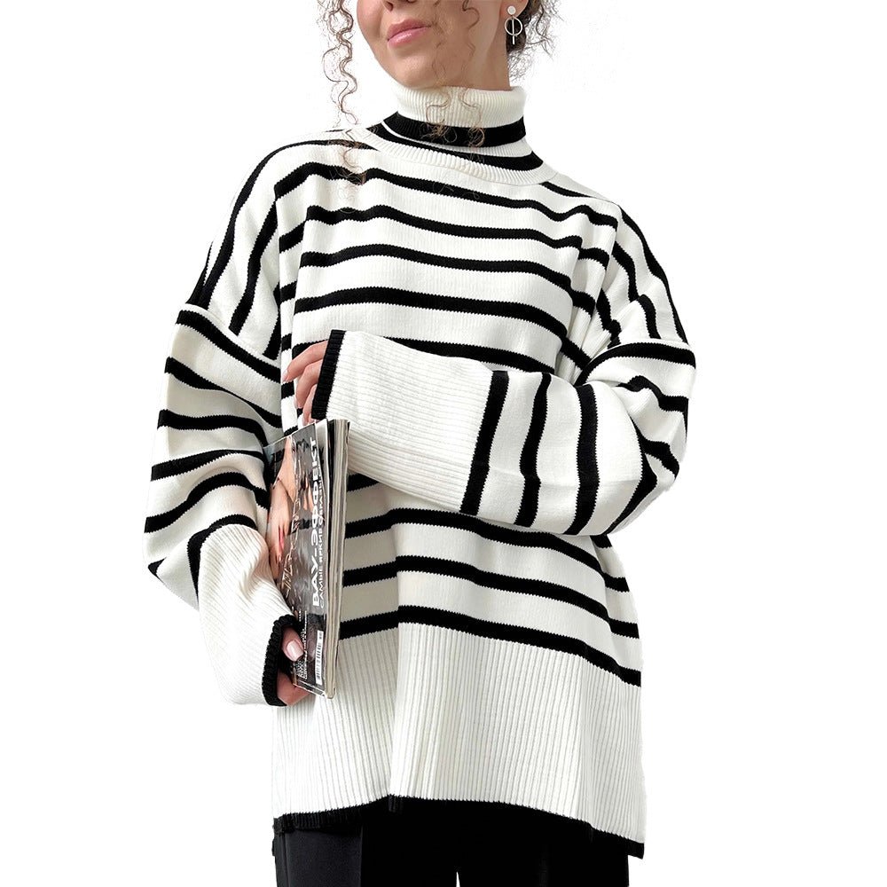 Striped High - Neck Pullover Sweater for Women | Loose Fit Korean Style Knitwear | Thick Viscose Blend Casual Top | Lazy Wind Fashion 2025 - Negative Apparel