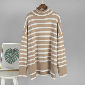 Striped High - Neck Pullover Sweater for Women | Loose Fit Korean Style Knitwear | Thick Viscose Blend Casual Top | Lazy Wind Fashion 2025 - Negative Apparel