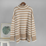 Striped High - Neck Pullover Sweater for Women | Loose Fit Korean Style Knitwear | Thick Viscose Blend Casual Top | Lazy Wind Fashion 2025 - Negative Apparel