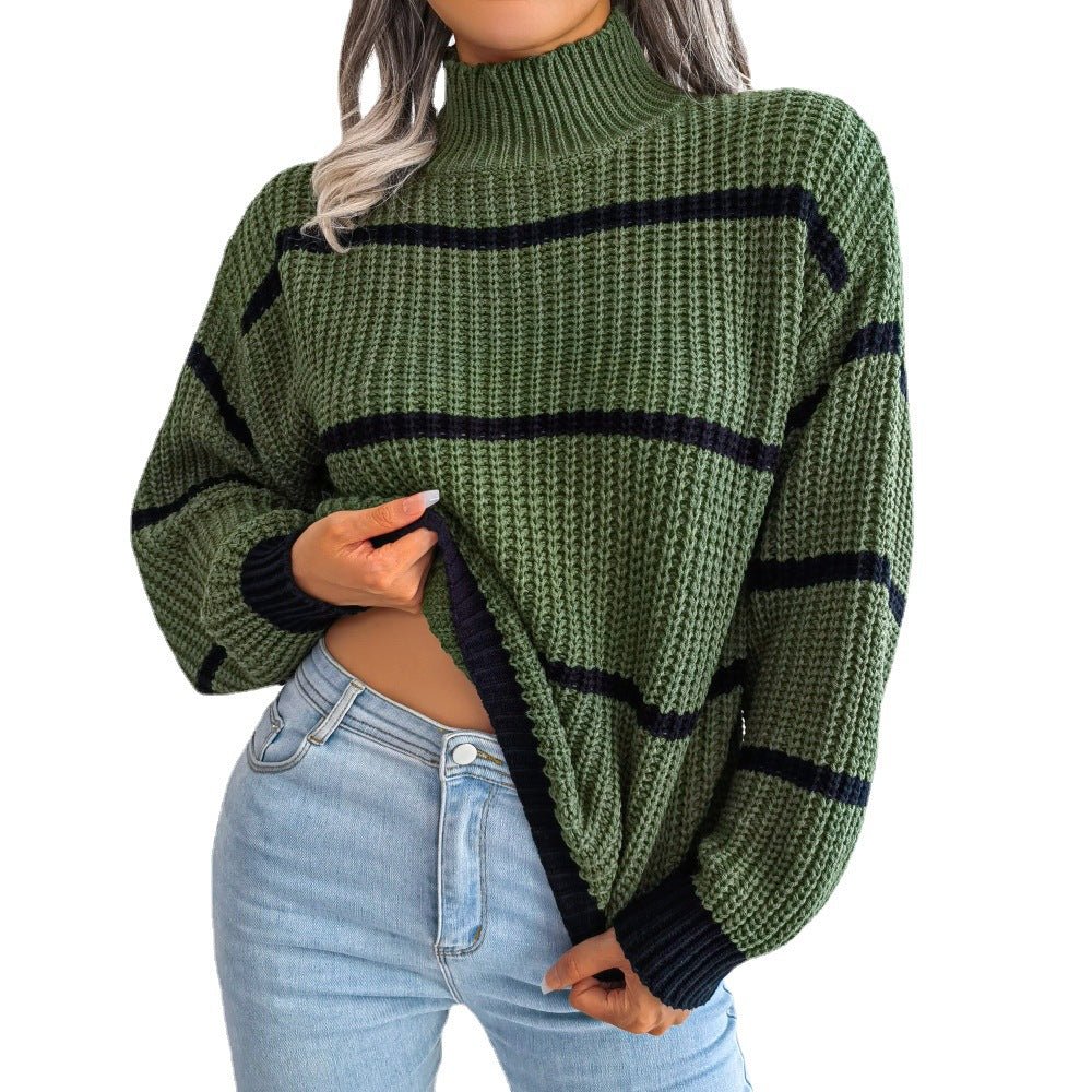 Striped lantern sleeve half - high collar knitted sweater - Negative Apparel