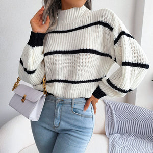 Striped lantern sleeve half - high collar knitted sweater - Negative Apparel