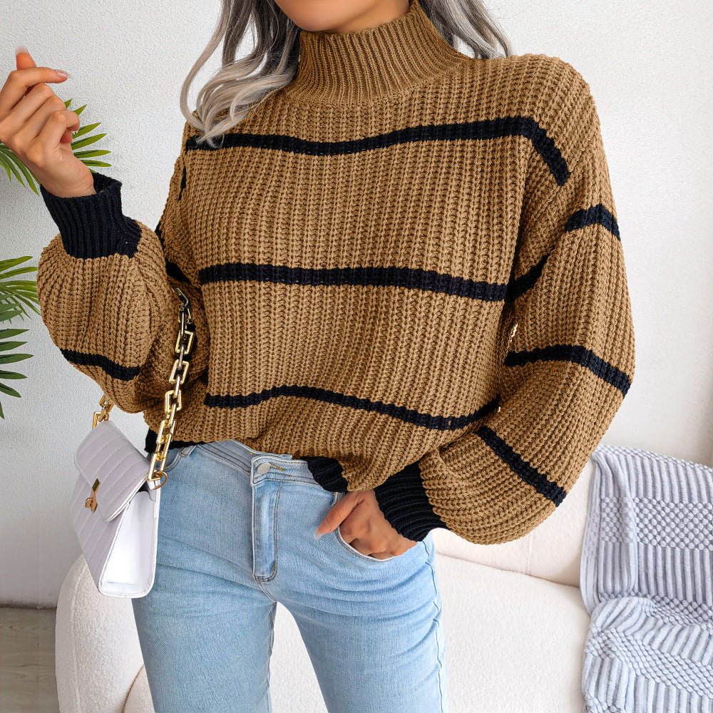 Striped lantern sleeve half - high collar knitted sweater - Negative Apparel