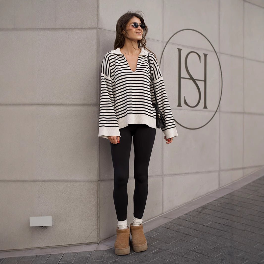 Striped Polo Knit Sweater for Women | Loose Fit Casual Pullover | Acrylic Cotton Blend | Korean Style Top | Summer 2025 Fashion - Negative Apparel