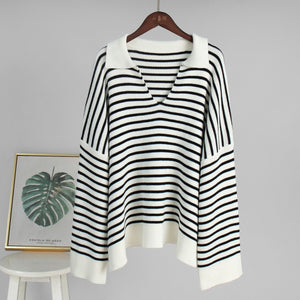 Striped Polo Knit Sweater for Women | Loose Fit Casual Pullover | Acrylic Cotton Blend | Korean Style Top | Summer 2025 Fashion - Negative Apparel