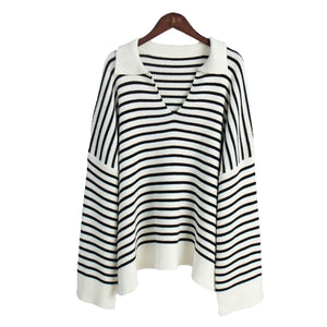 Striped Polo Knit Sweater for Women | Loose Fit Casual Pullover | Acrylic Cotton Blend | Korean Style Top | Summer 2025 Fashion - Negative Apparel