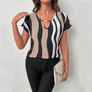 Striped shirt V - neck short - sleeved pullover - Negative Apparel