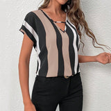 Striped shirt V - neck short - sleeved pullover - Negative Apparel
