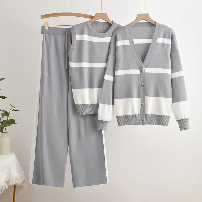 Striped sleeveless vest with button - down knitted cardigan top and wide - leg pants three - piece set - Negative Apparel