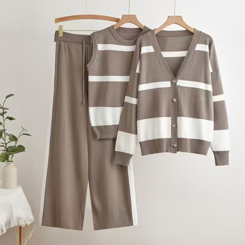 Striped sleeveless vest with button - down knitted cardigan top and wide - leg pants three - piece set - Negative Apparel