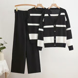 Striped sleeveless vest with button - down knitted cardigan top and wide - leg pants three - piece set - Negative Apparel